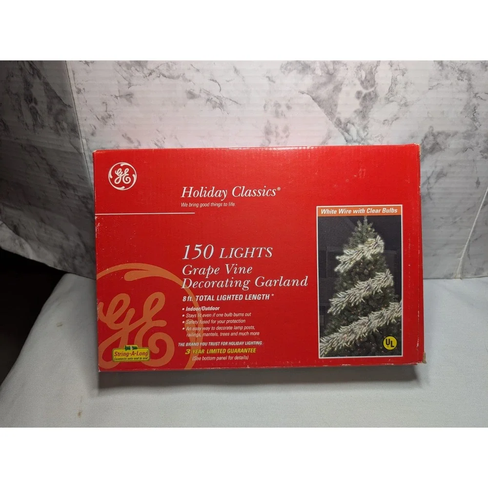 NOS GE 150 Clear Lights White Wire Grape Vine Garland Christmas 8 Ft Stay Lit